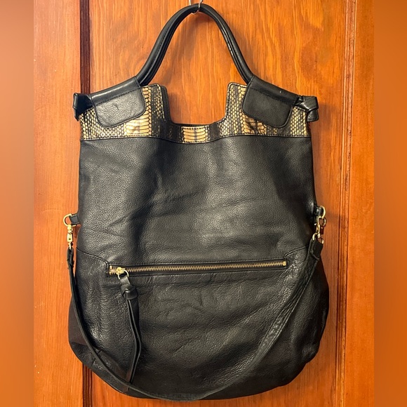 Foley + Corinna Black Leather Multi-Functional Bag with Animal Print Accent EUC - Picture 9 of 16